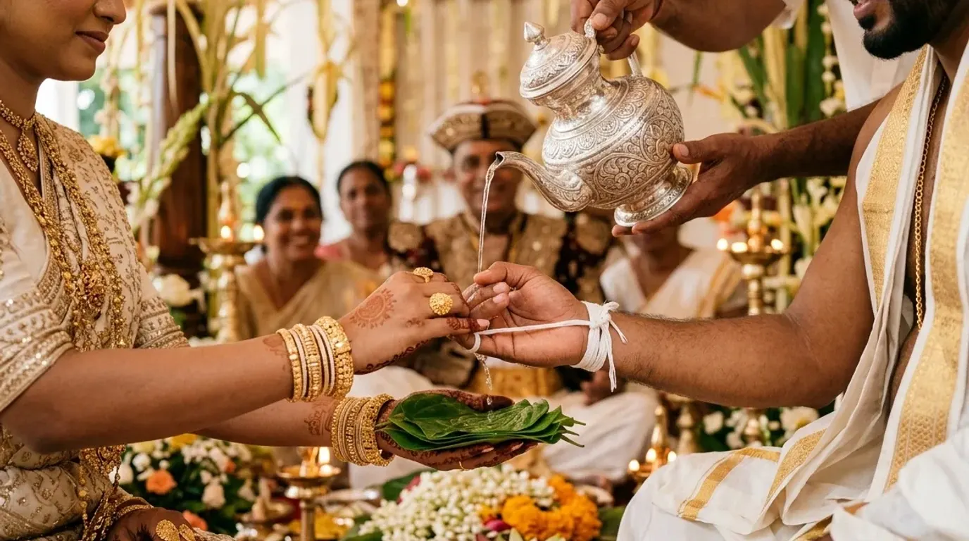 Sacred Kendiya water blessing ritual on Poruwa